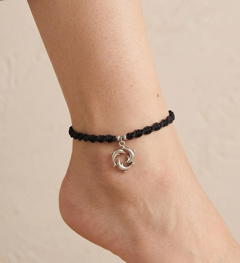 Dolphin with silver beads adjustable anklet