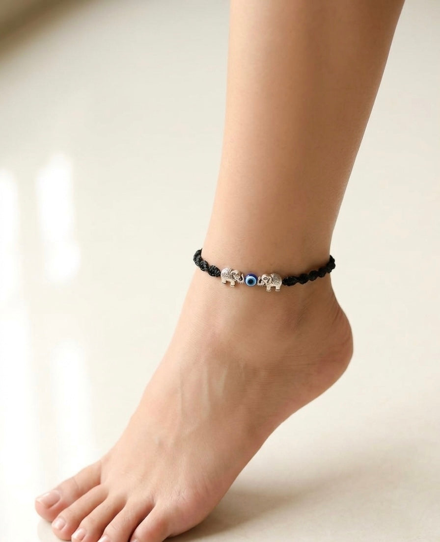 Elephant with evil-eye adjustable anklet