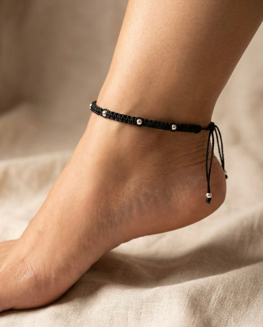 Silver Beads Adjustable Anklet