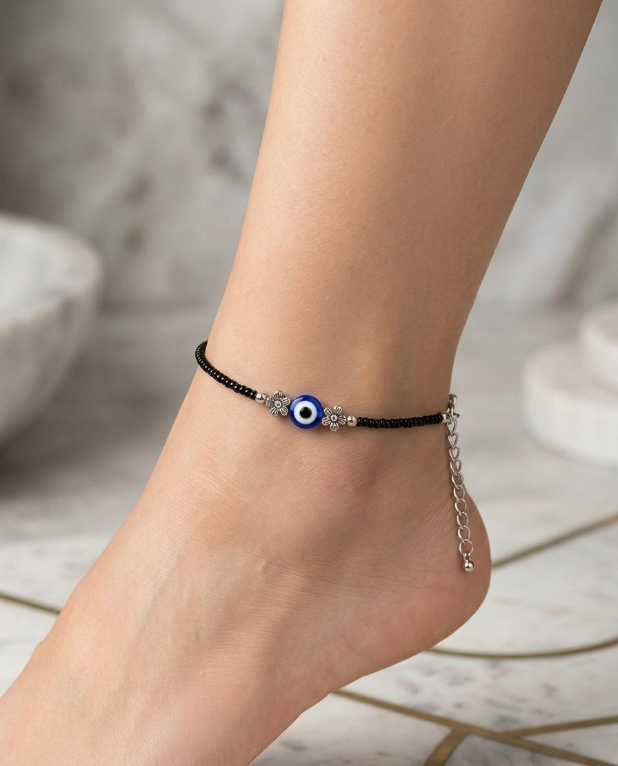 Evil eye with flower black beads anklet